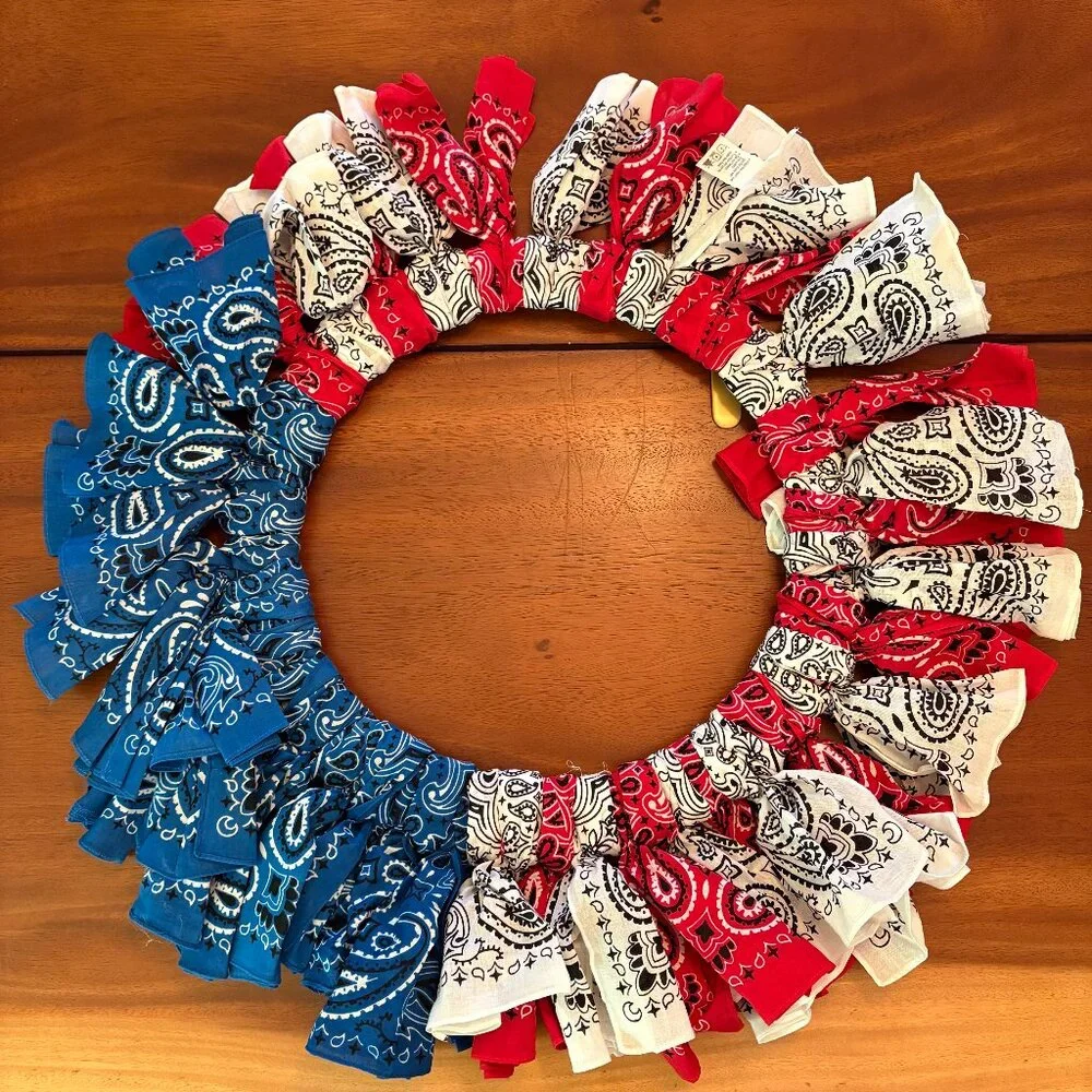 Handmade Patriotic Wreath Bandana Red White Blue Fourth of July 4th Veterans Day